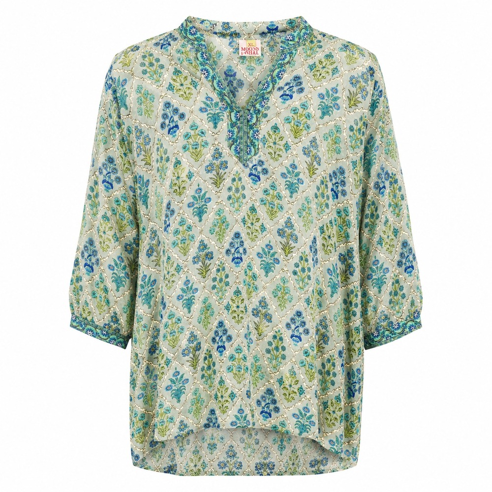 Mod's Mahal Cotton Floral Block Print Tunic Top Green Blue XL Boho Split Neck
